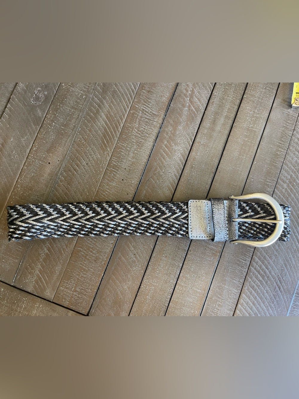 Vintage Linea Pelle Braided Black and Silver Women's Belt with Silver Buckle